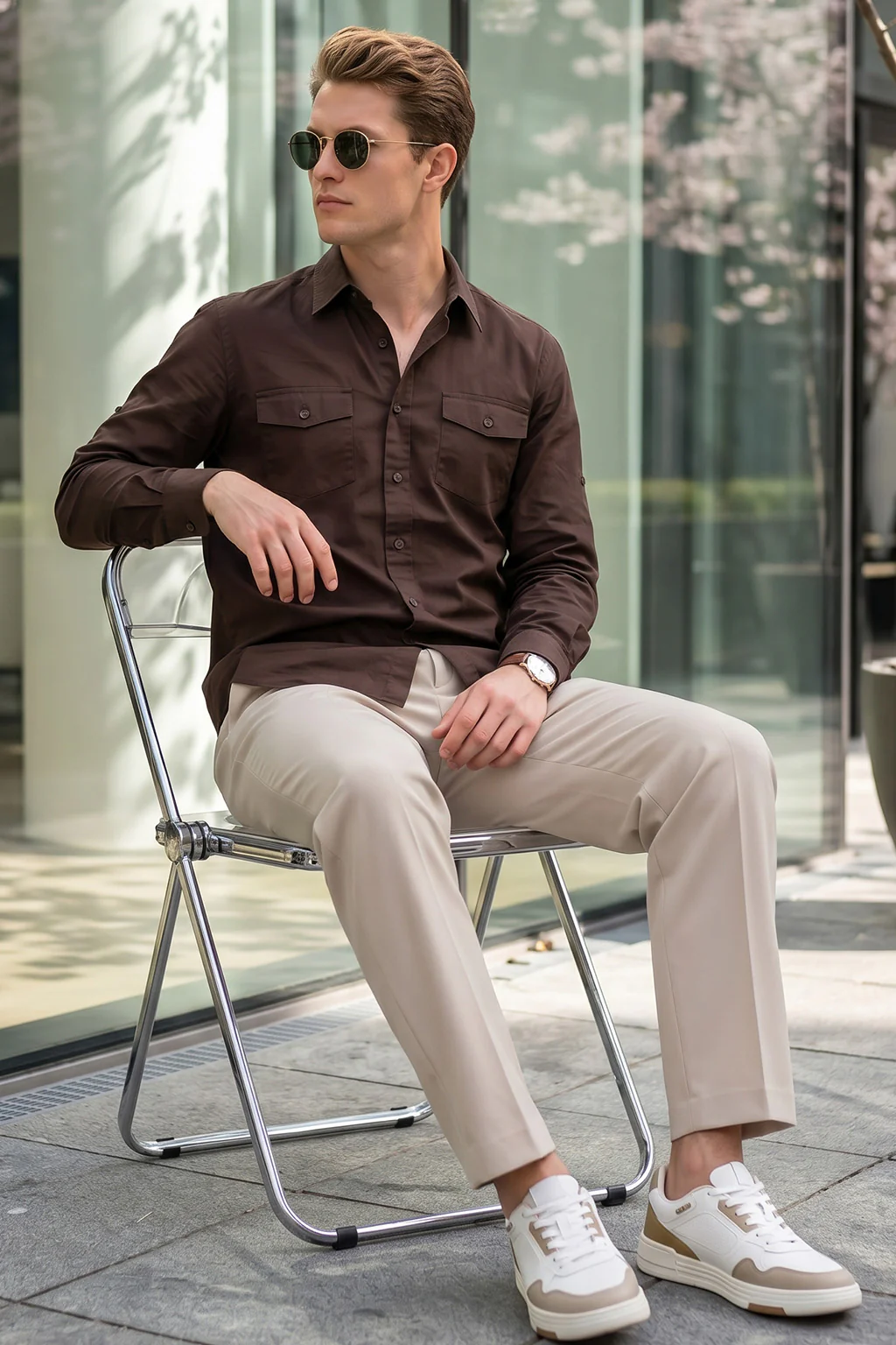 Chocolate Plain Relaxed Fit Full Sleeve Dual Pocket Utility Exclusive Shirt - Image 5