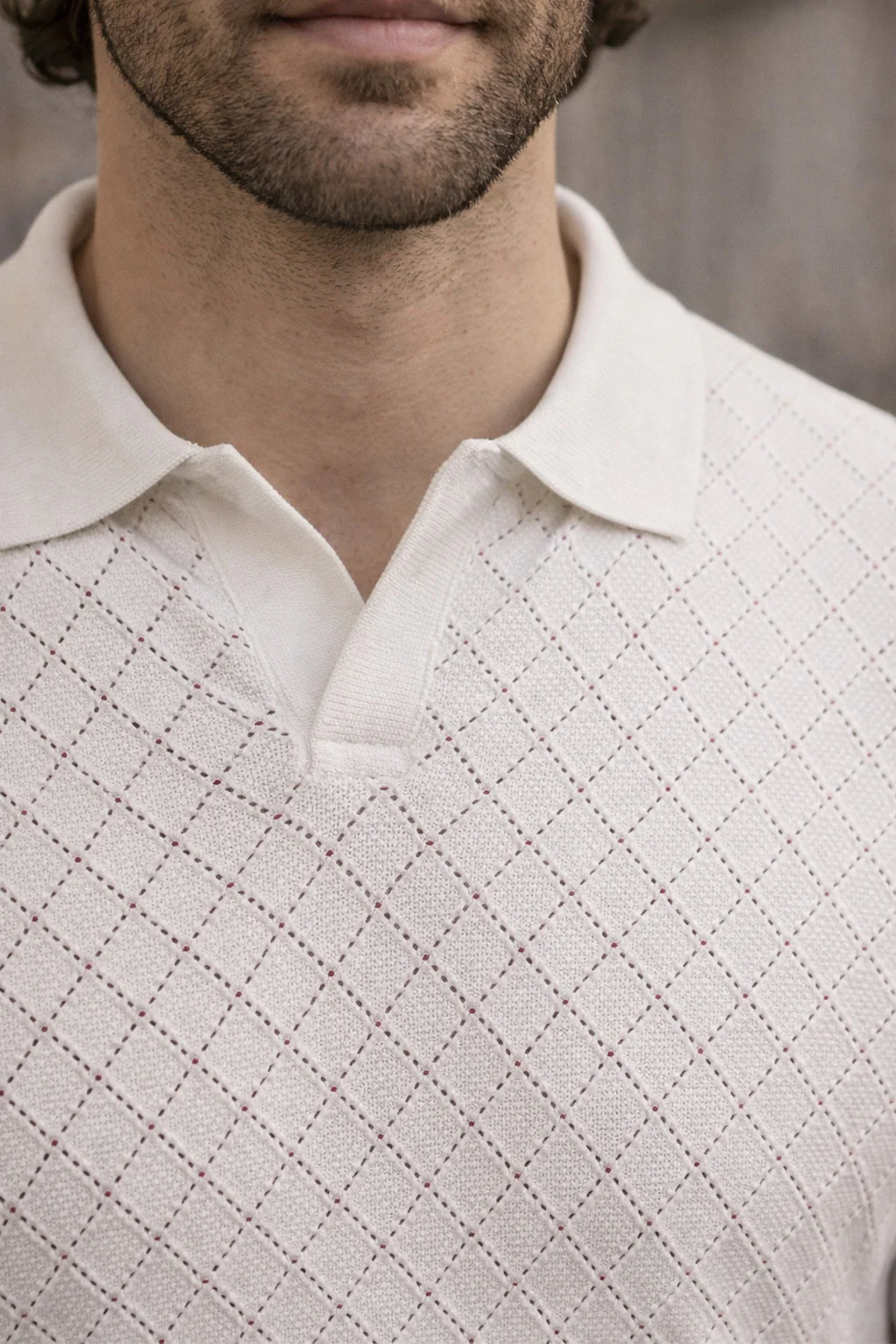 Classic Diamond Weave White Flatknit Textured Loose Fit Exclusive Polo T-Shirt - Image 2