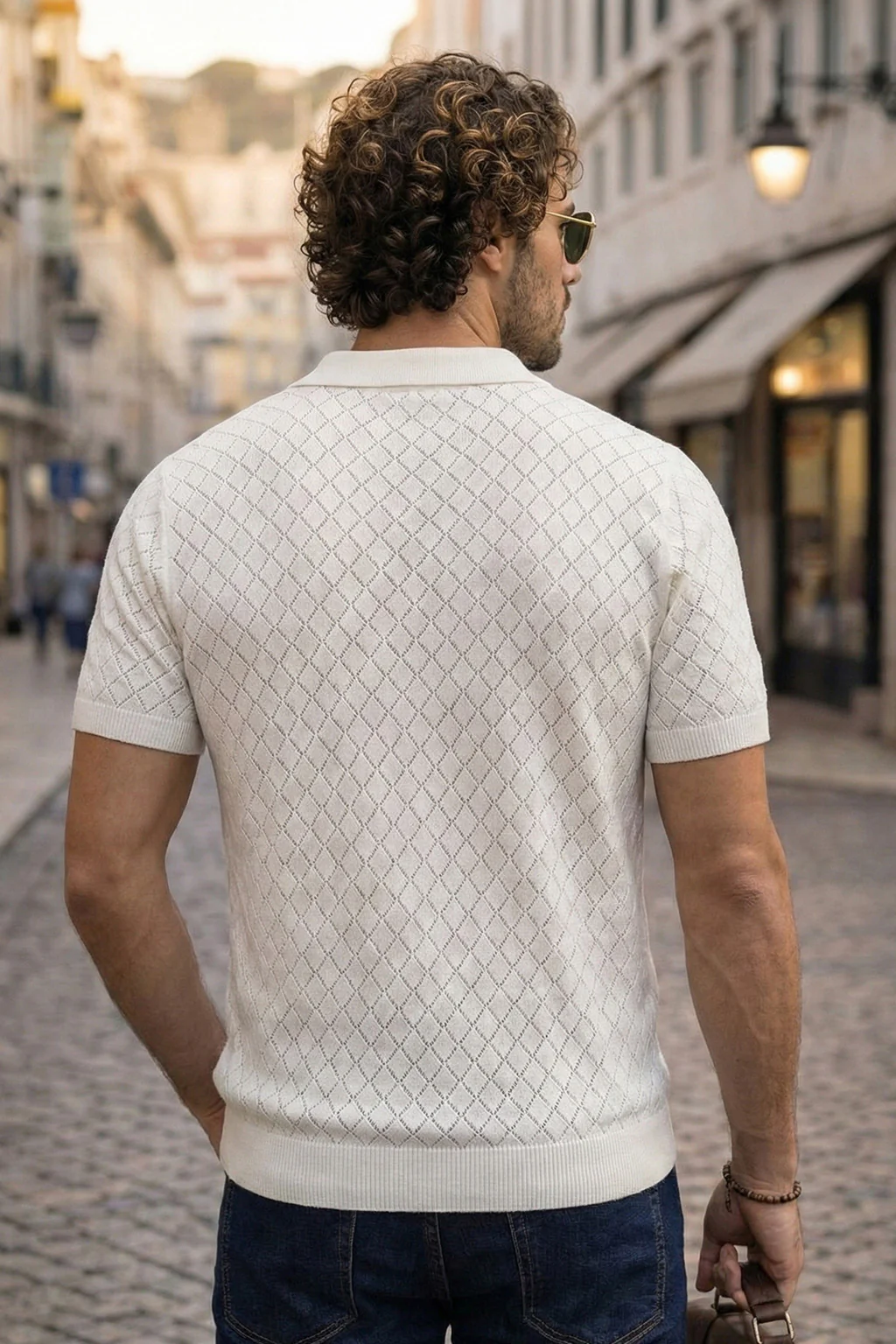 Classic Diamond Weave White Flatknit Textured Loose Fit Exclusive Polo T-Shirt - Image 3