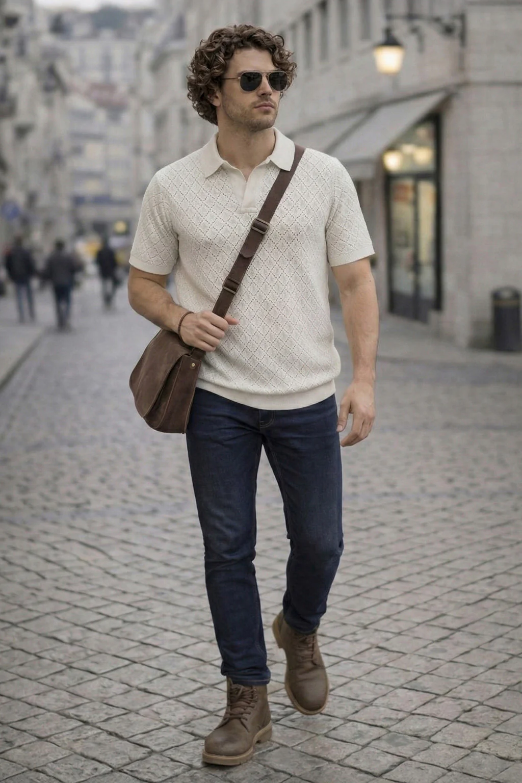 Classic Diamond Weave White Flatknit Textured Loose Fit Exclusive Polo T-Shirt - Image 4