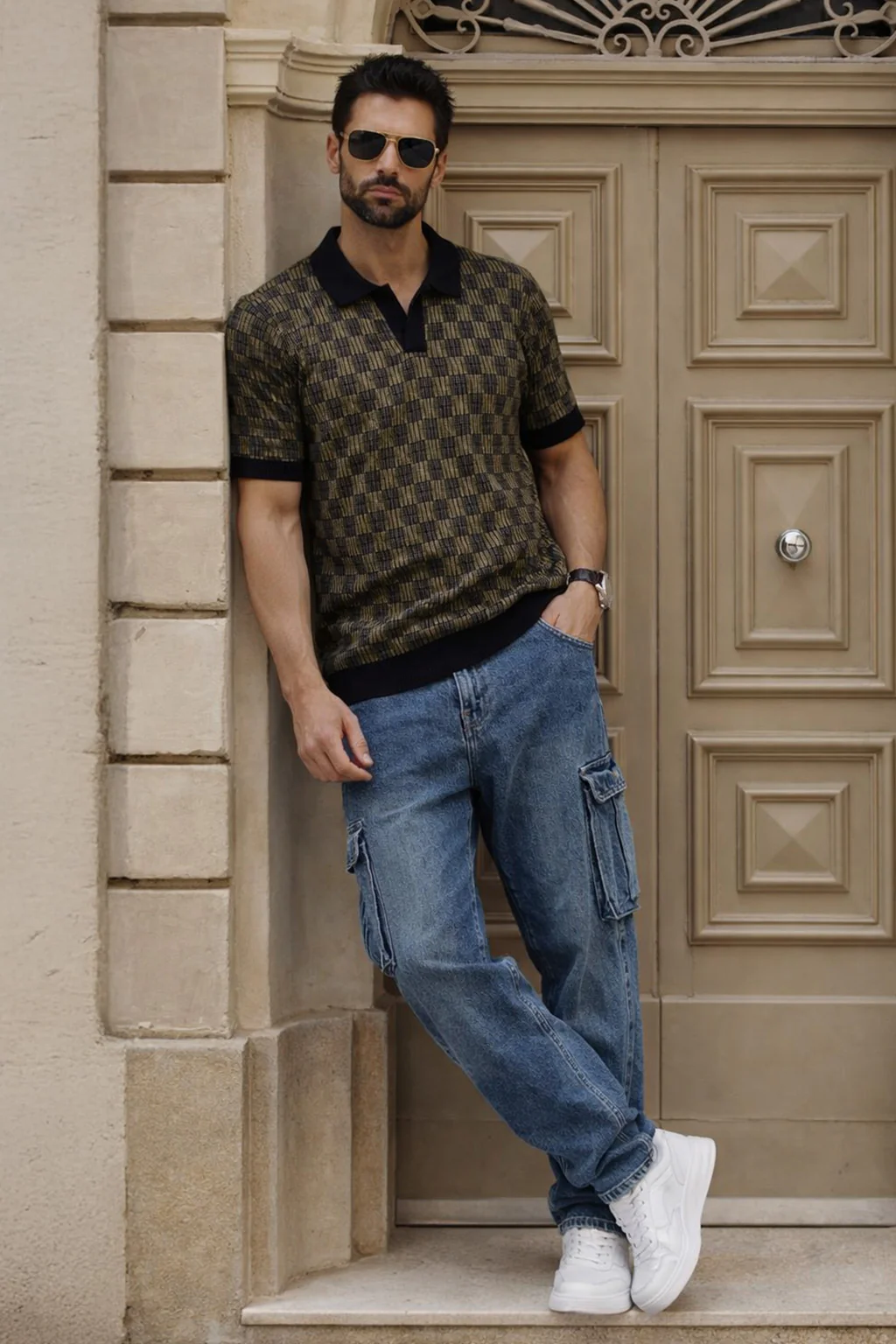 Classic Grid Black Flatknit Textured Regular Fit Exclusive Polo T-Shirt - Image 4
