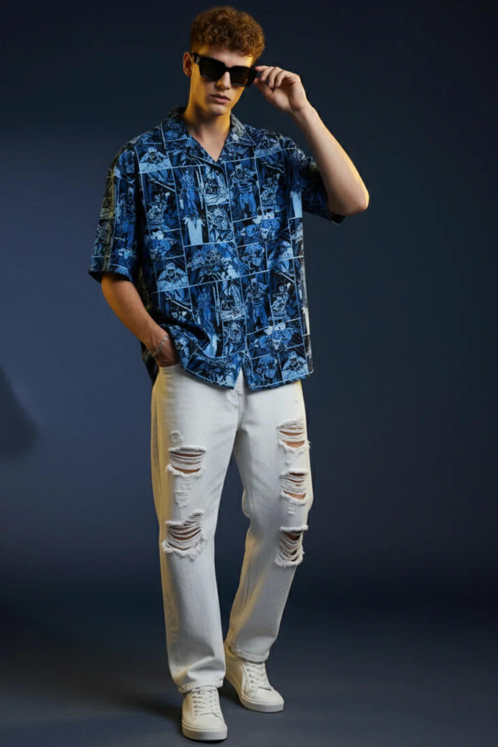 Comic Strip Blue All Over Print Oversized Exclusive Shirt - Image 3