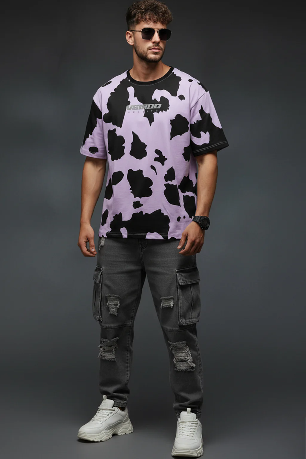 Cow Lilac Oversized All Over Animal Printed T-shirt - Image 4