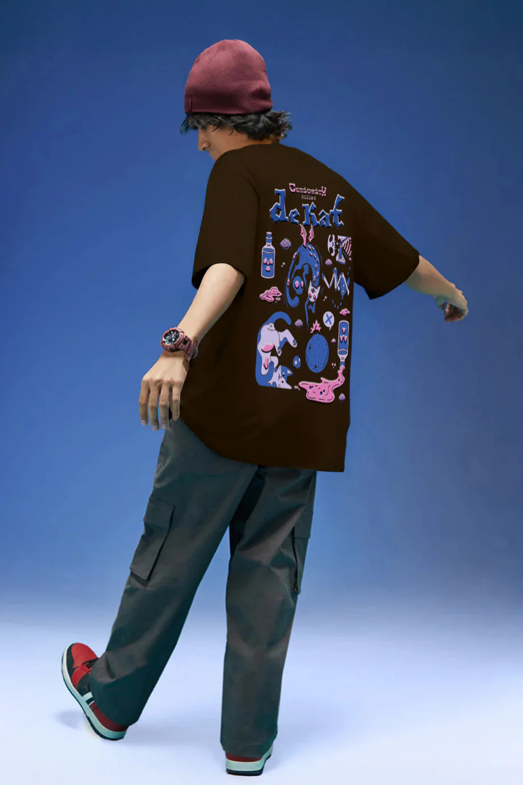 Curiosity Brown Oversized Puff Printed Exclusive T-shirt - Image 4