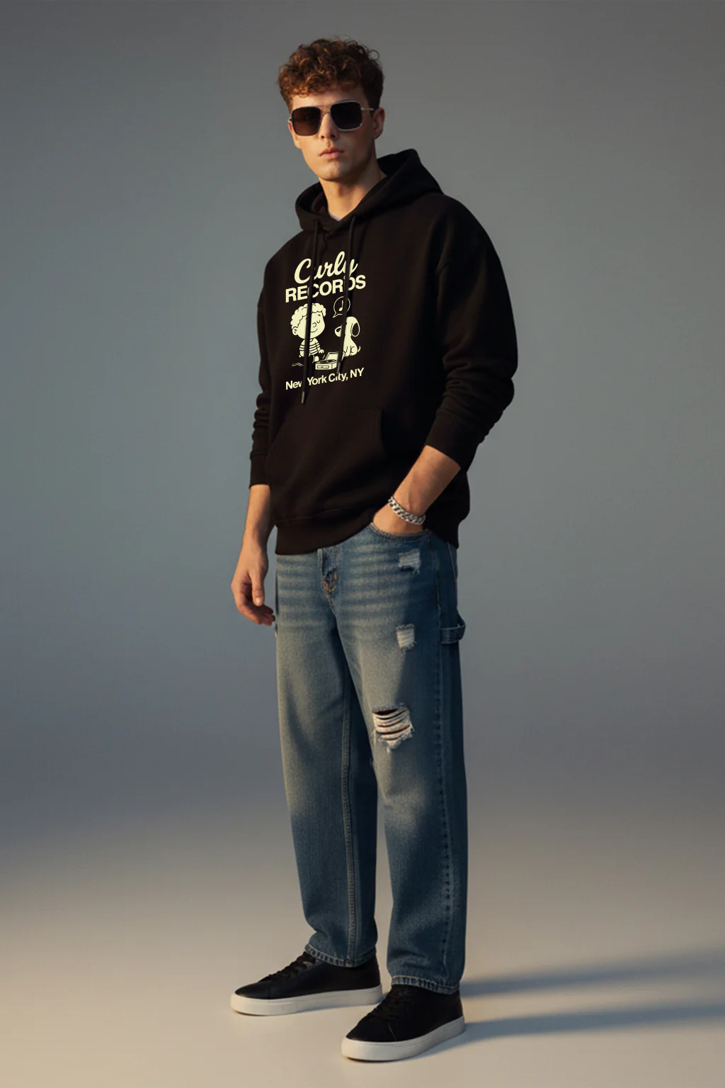 Curly Records Black Oversized Printed Hoodie - Image 4