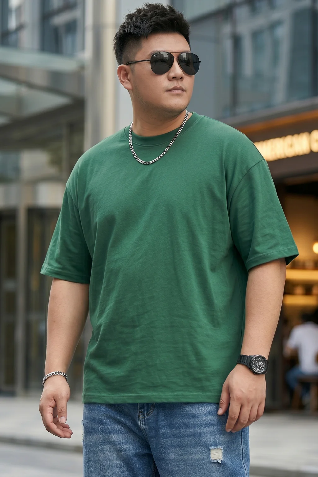 Dark Green Canal Plain Plus Size T-shirt - Image 2