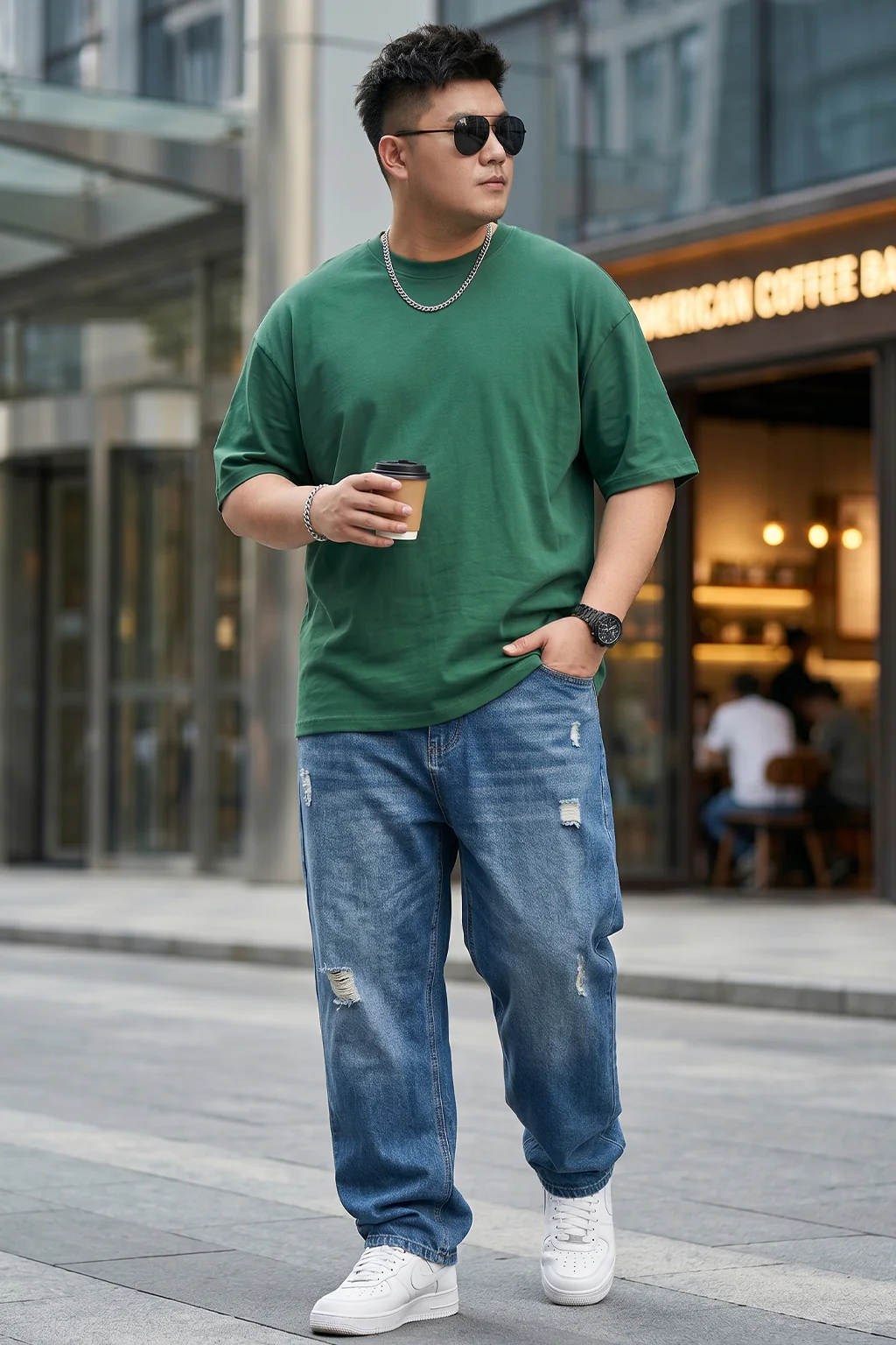 Dark Green Canal Plain Plus Size T-shirt - Image 5