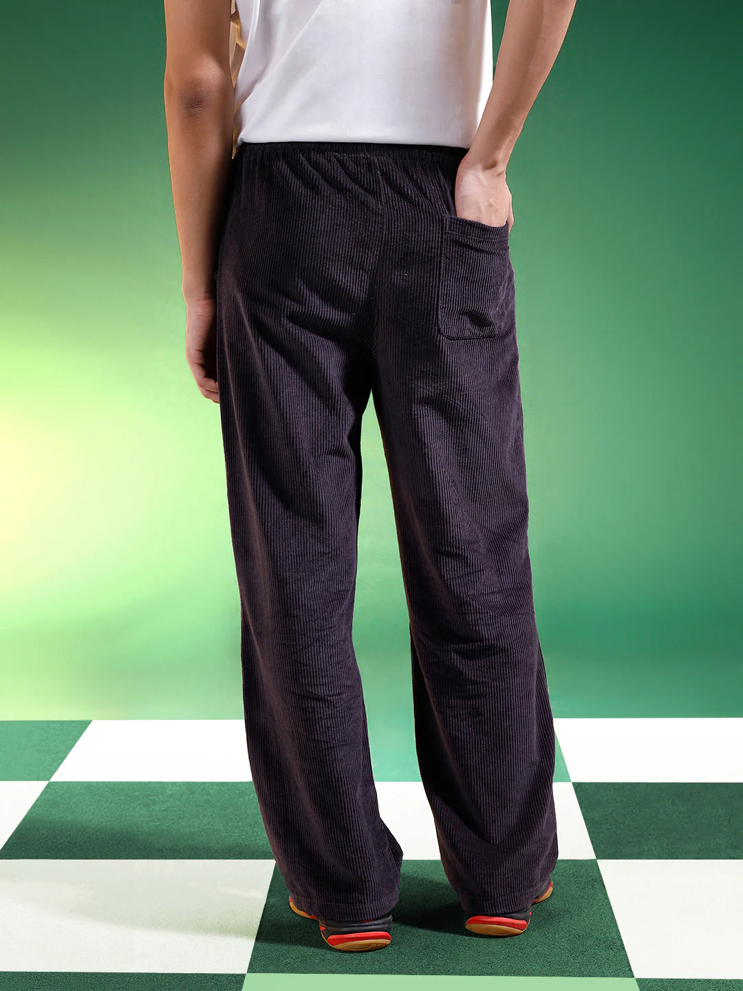 Dark Grey Lining Pattern Plain Corduroy Pants - Image 3