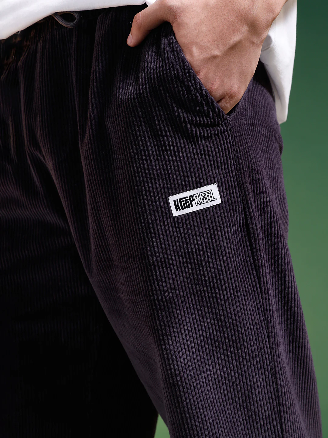 Dark Grey Lining Pattern Plain Corduroy Pants - Image 4