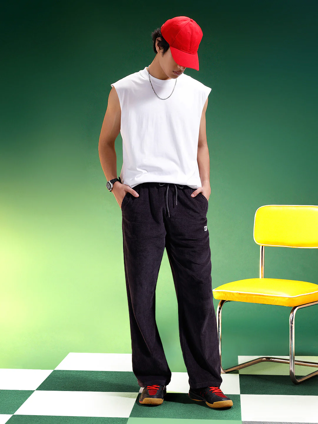 Dark Grey Lining Pattern Plain Corduroy Pants - Image 7