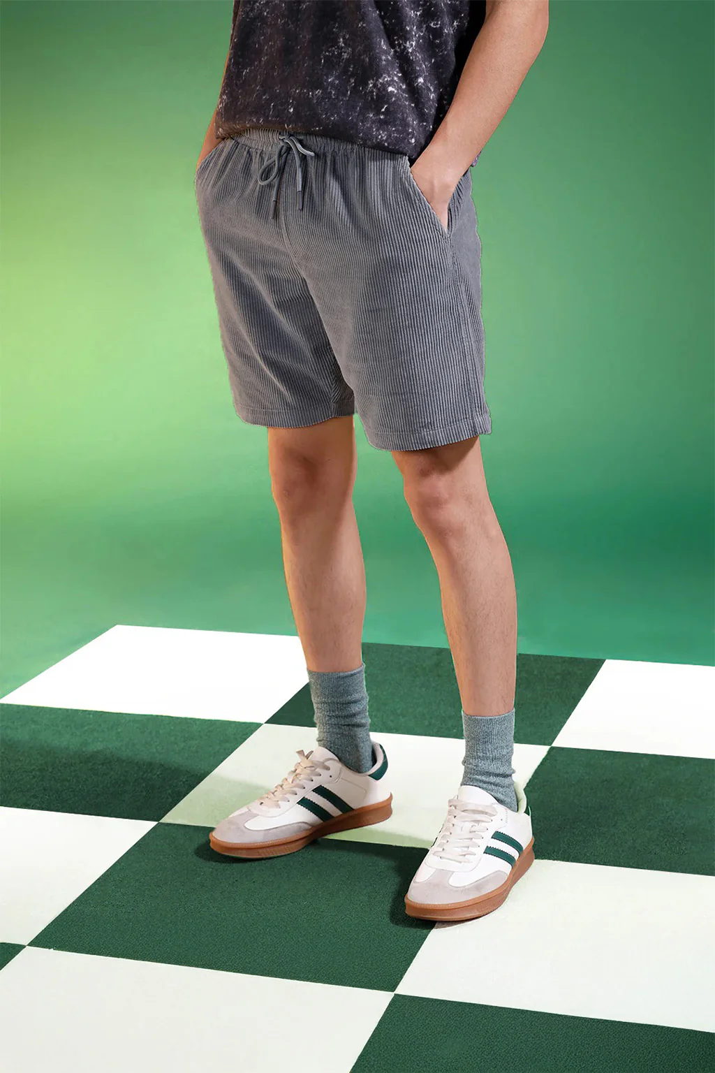 Dark Grey Lining Pattern Plain Corduroy Shorts - Image 4