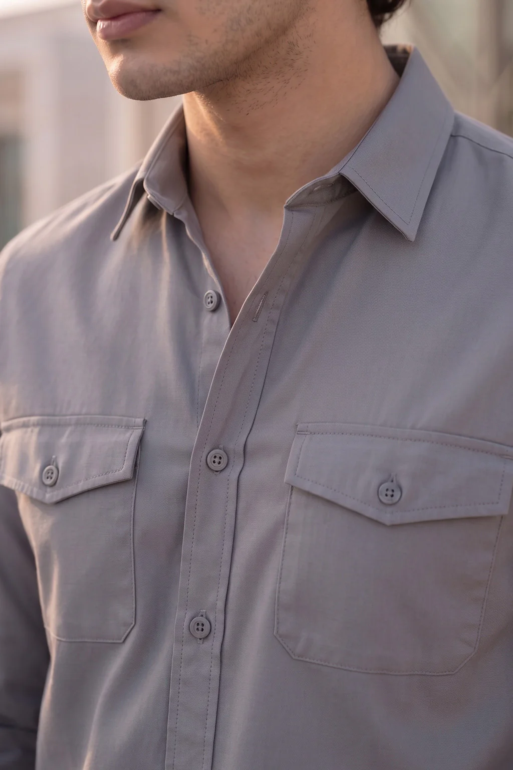 Dark Grey Plain Relaxed Fit Full Sleeve Dual Pocket Utility Exclusive Shirt - Image 2