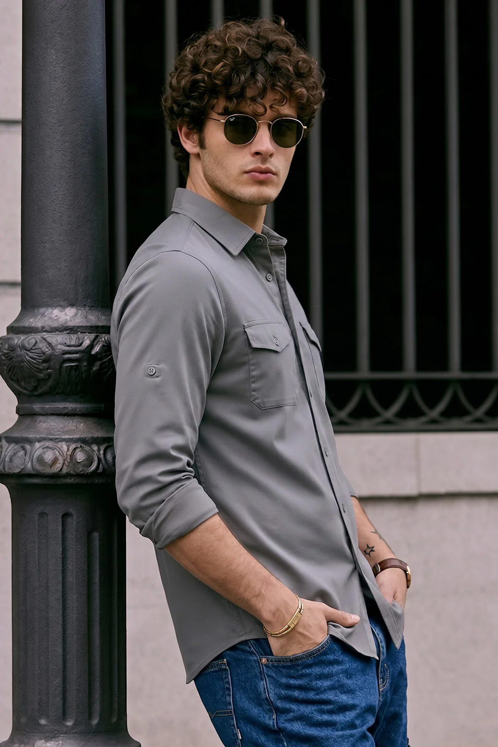 Dark Grey Plain Relaxed Fit Full Sleeve Dual Pocket Utility Exclusive Shirt - Image 3