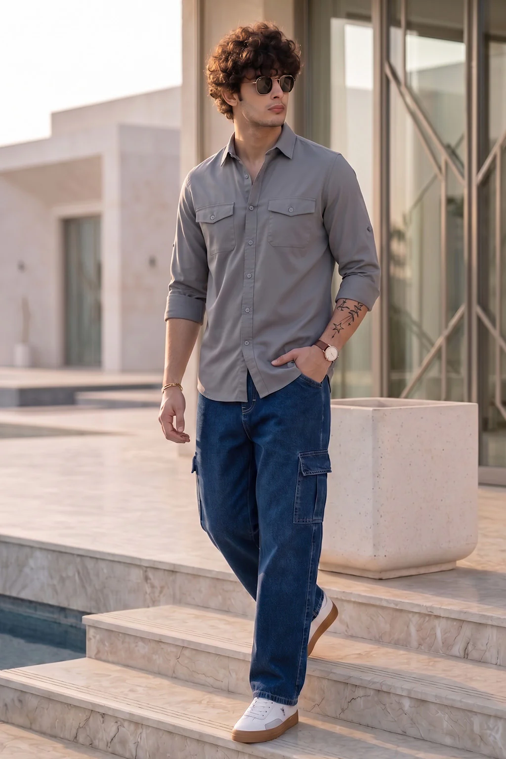 Dark Grey Plain Relaxed Fit Full Sleeve Dual Pocket Utility Exclusive Shirt - Image 5