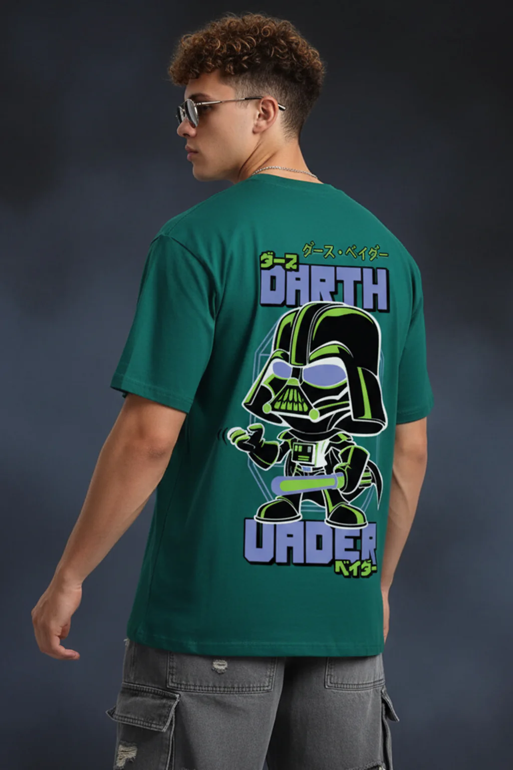 Darth Under Star Wars Green Oversized Back Graphic Printed T-shirt - Image 2