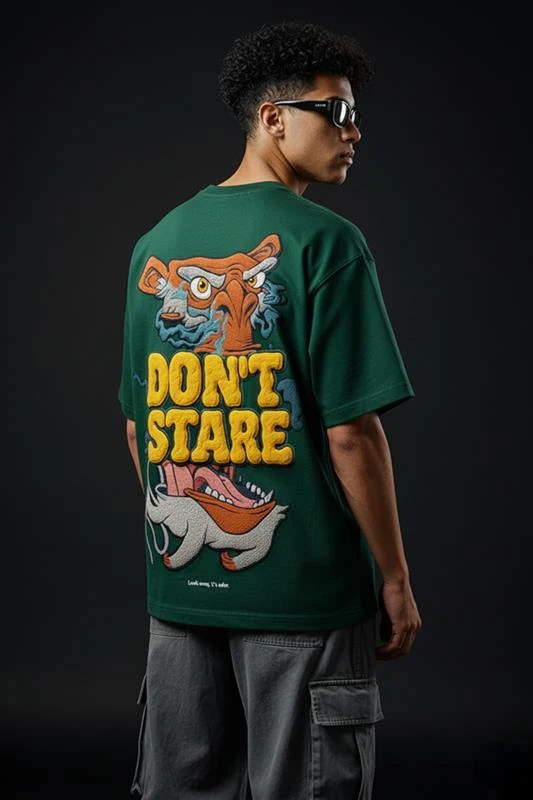 Don't Stare Green Oversized Puff Printed Exclusive T-shirt - Image 3
