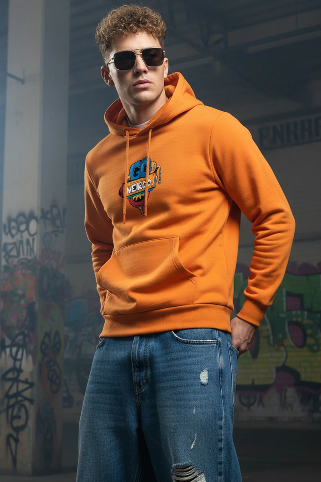 Doodle Orange Back Printed Regular Fit Hoodie - Image 3