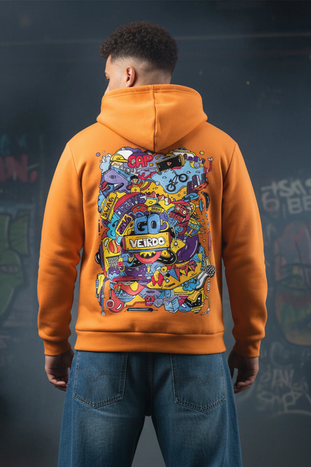 Doodle Orange Back Printed Regular Fit Hoodie - Image 4