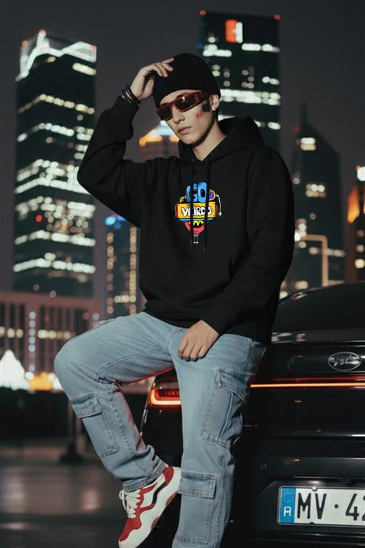 Doodle Black Back Graphic Printed Regular Fit Hoodie - Image 3