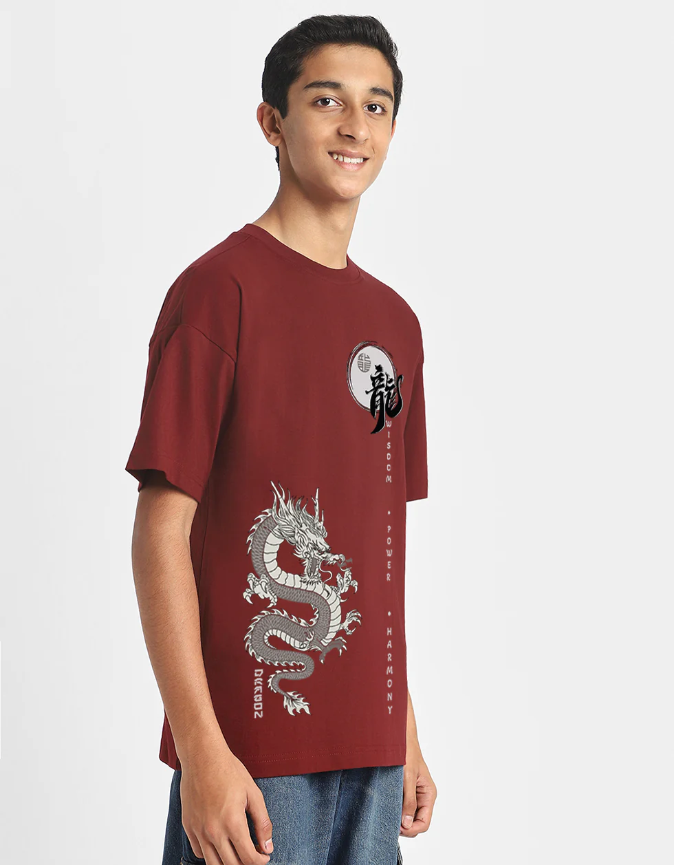 Dragon Maroon Oversized Graphic Front Printed Boys T-shirt - Image 3
