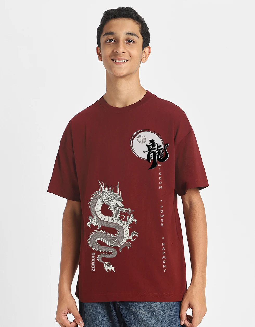 Dragon Maroon Oversized Graphic Front Printed Boys T-shirt - Image 4