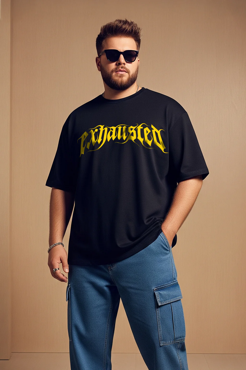 Exhausted Black Graphic Printed Plus Size T-shirt