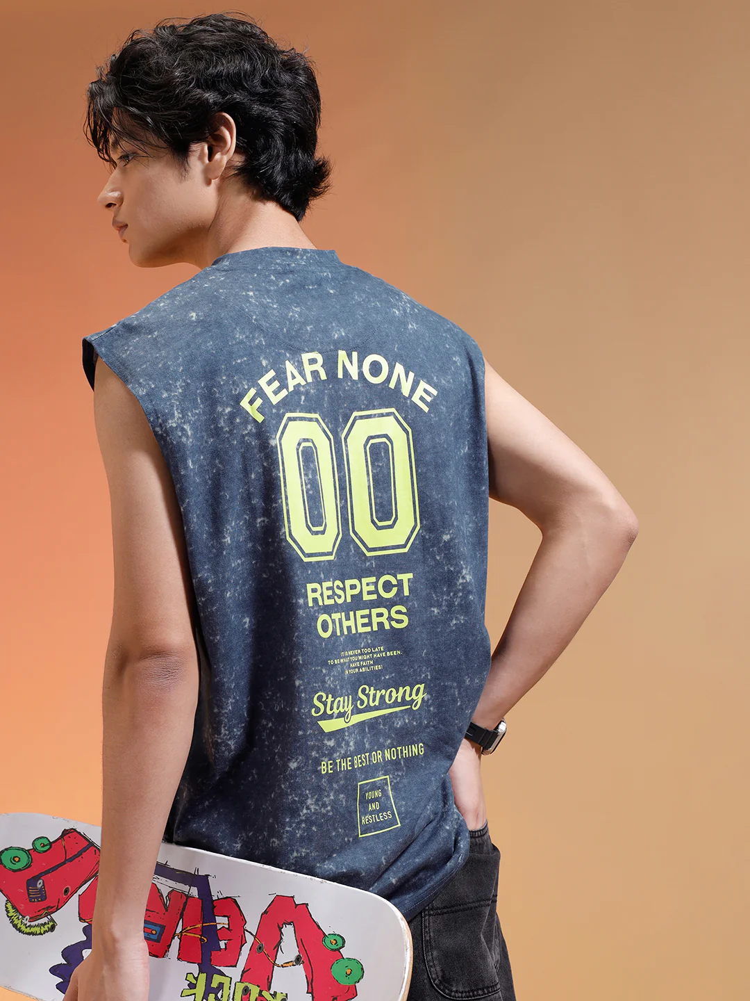 Fear None Royal Blue Oversized Printed Acid Wash Vest - Image 2
