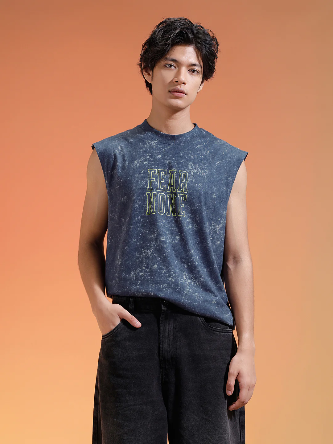 Fear None Royal Blue Oversized Printed Acid Wash Vest - Image 3