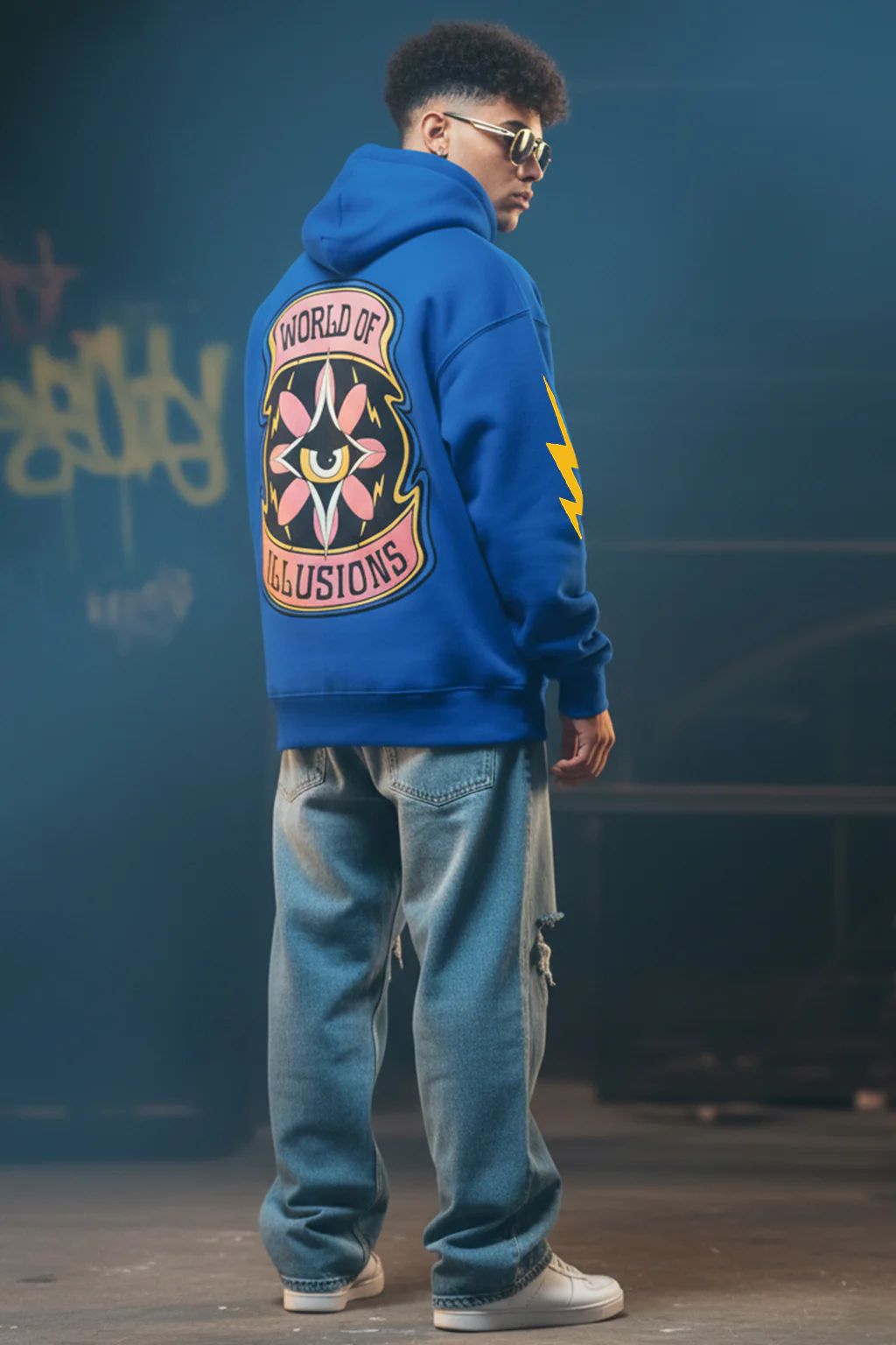 World of Illusions Blue Back Printed Regular Fit Hoodie - Image 4