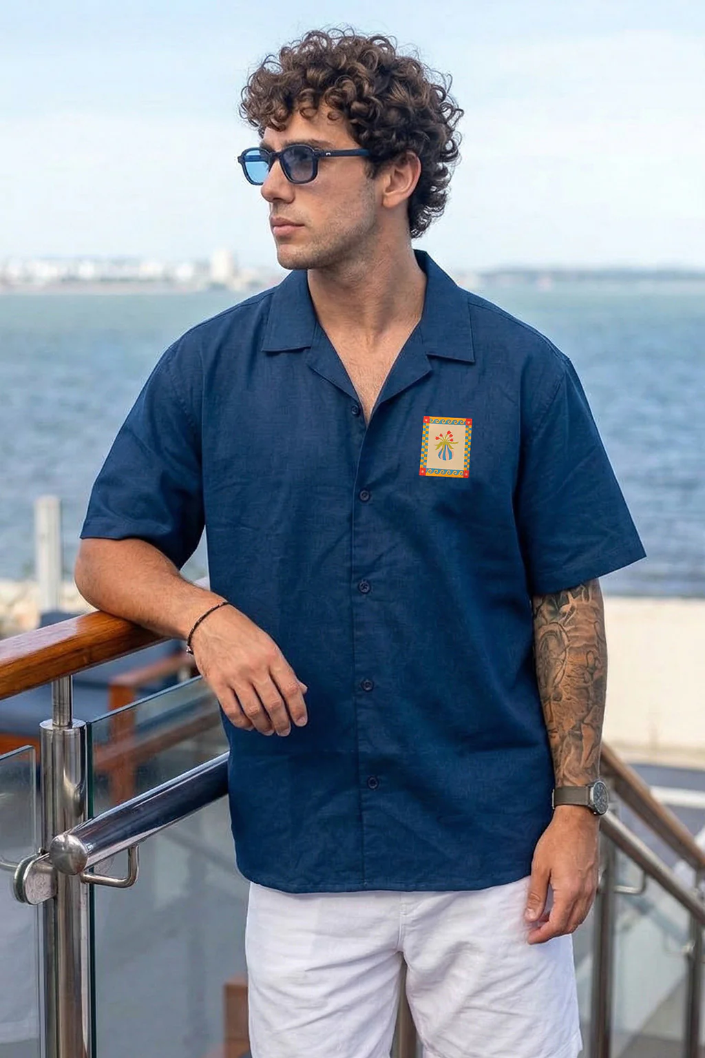 Flowerpot Navy Oversized Sticker Printed Exclusive Shirt