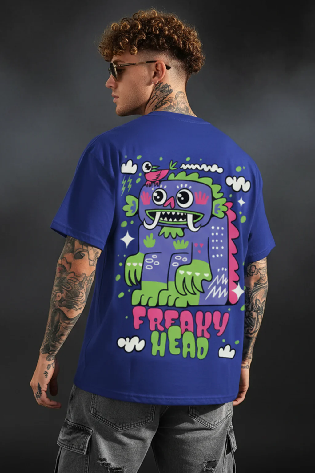 Freaky Head Blue Oversized Back Graphic Printed T-shirt - Image 2