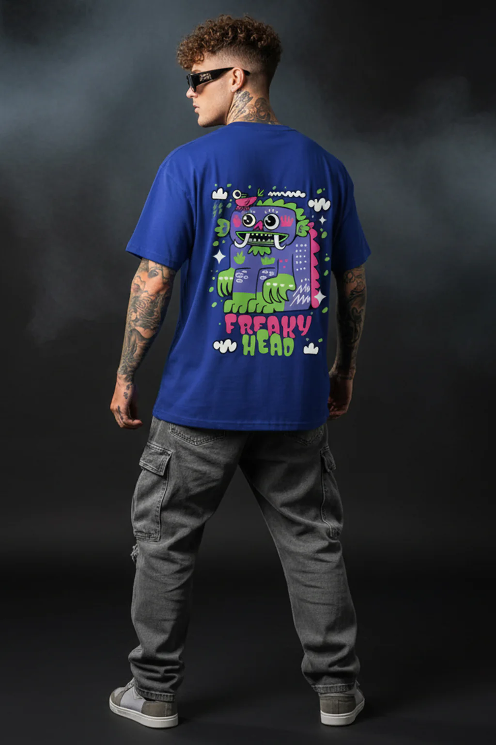 Freaky Head Blue Oversized Back Graphic Printed T-shirt - Image 4