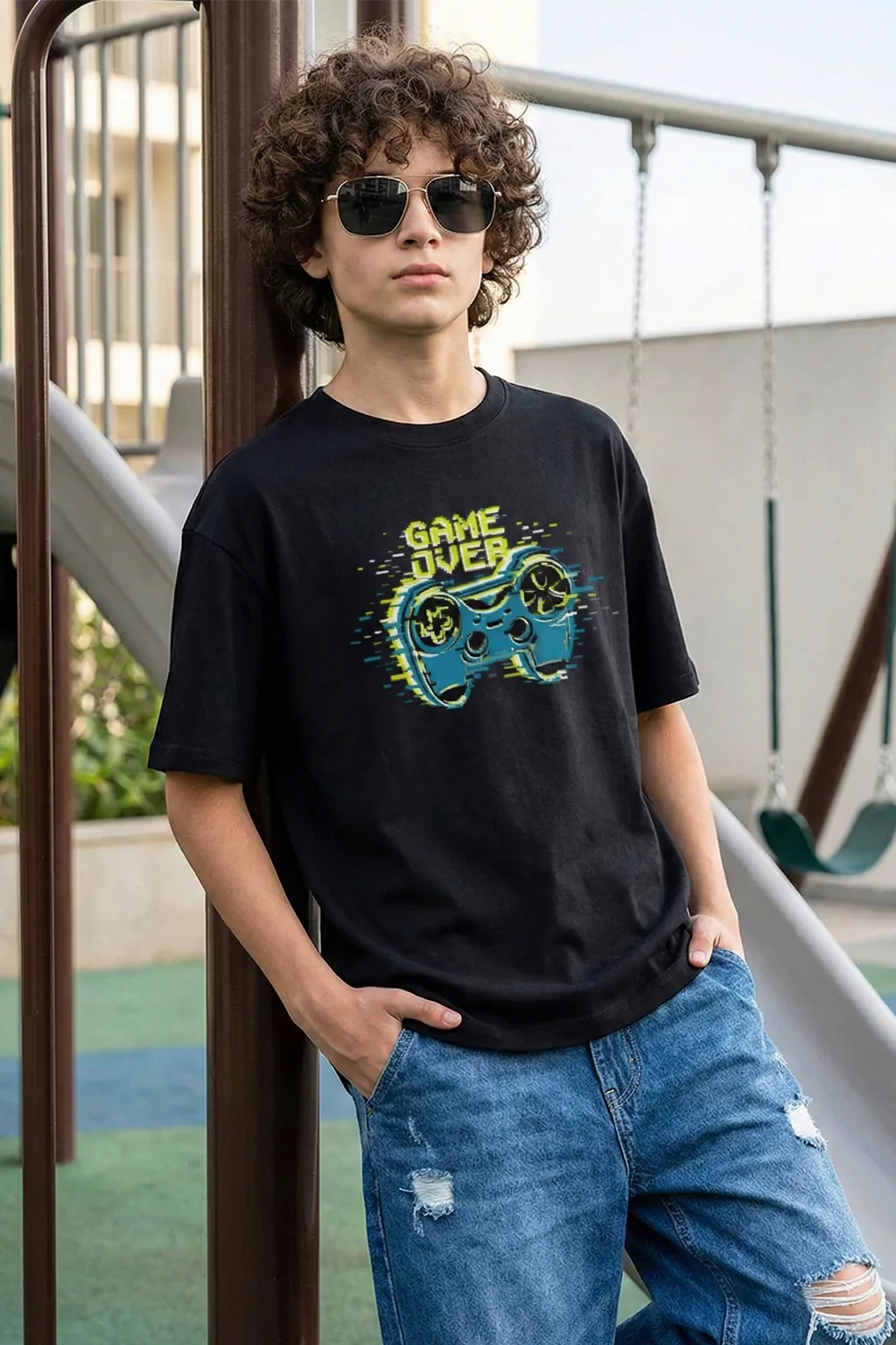 Game Over Black Oversized Graphic Printed Boys T-shirt - Image 2
