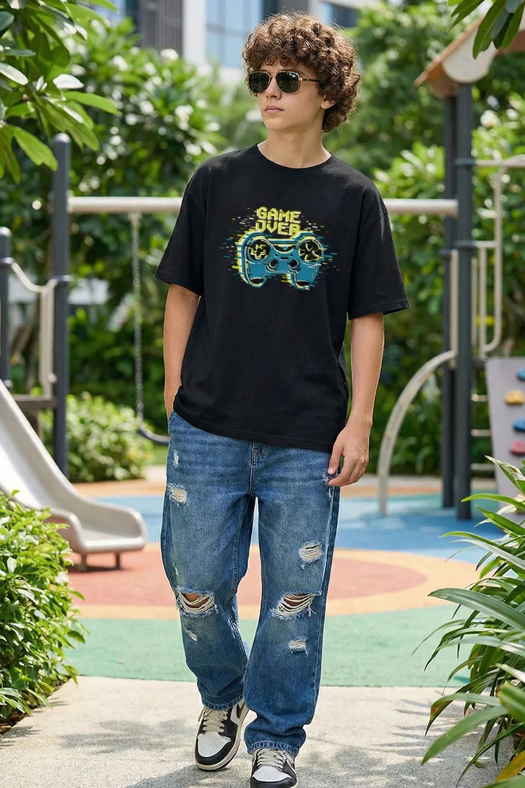 Game Over Black Oversized Graphic Printed Boys T-shirt - Image 4