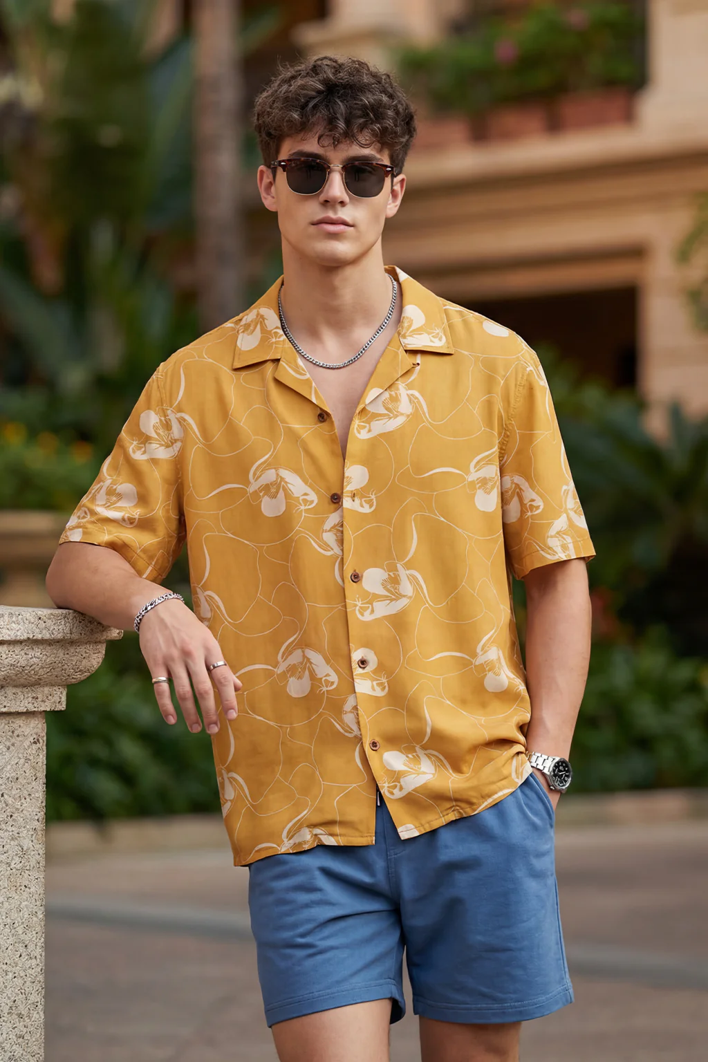 Golden Ochre Floral All Over Print Oversized Exclusive Shirt - Image 2