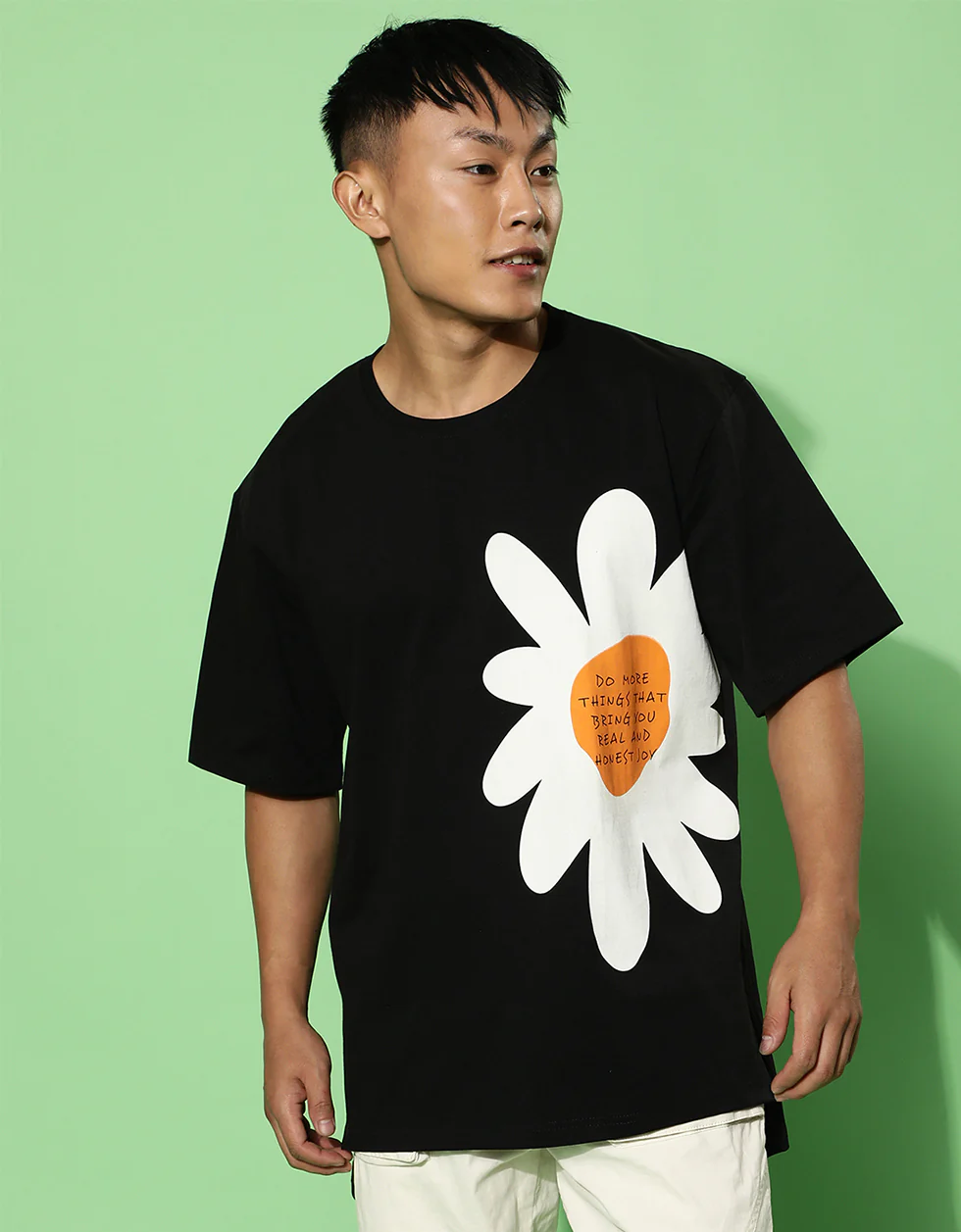 Flower Black Oversized Placement Graphic Printed T-shirt - Image 2