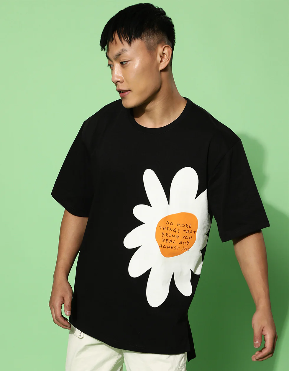Flower Black Oversized Placement Graphic Printed T-shirt - Image 3