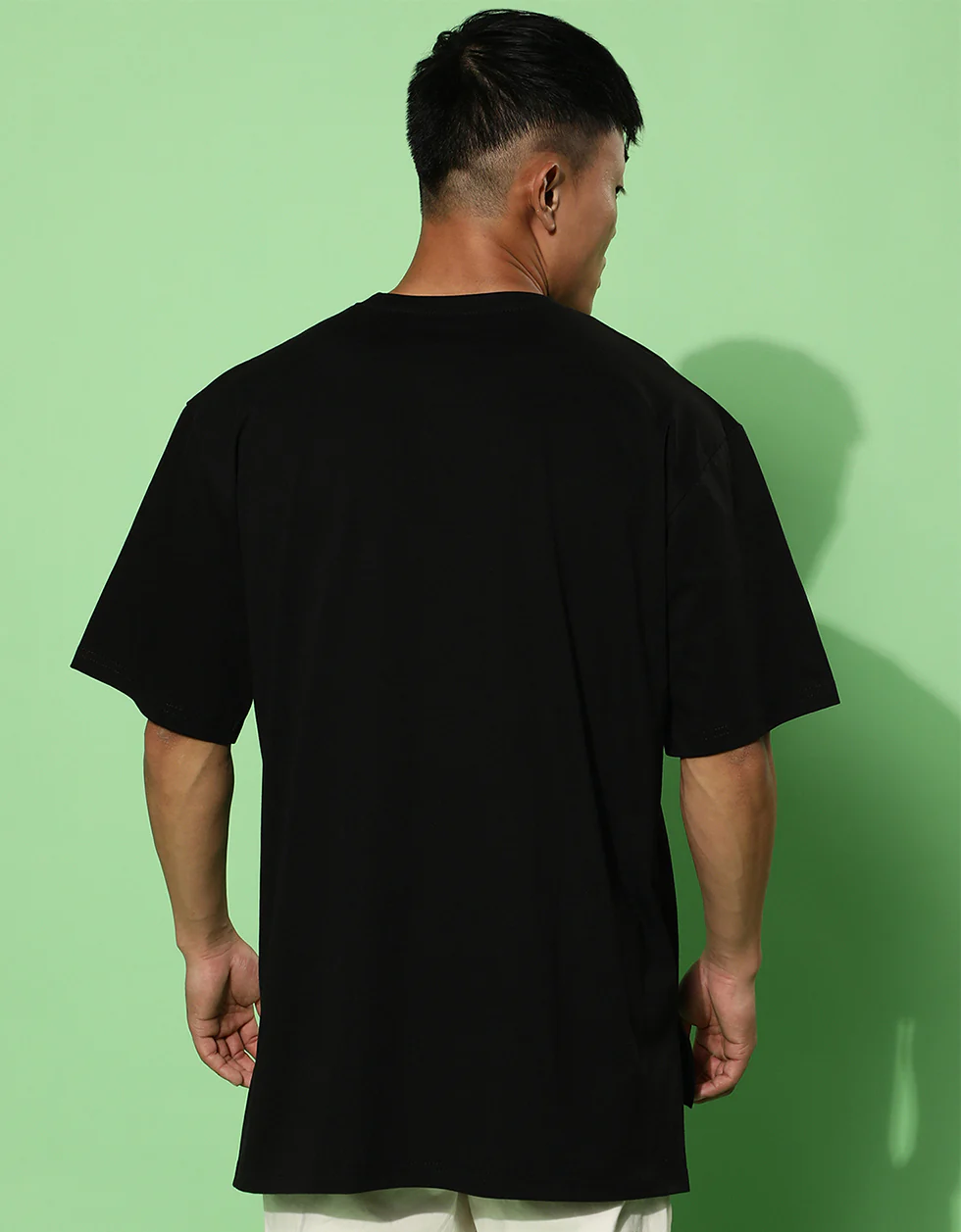Flower Black Oversized Placement Graphic Printed T-shirt - Image 4