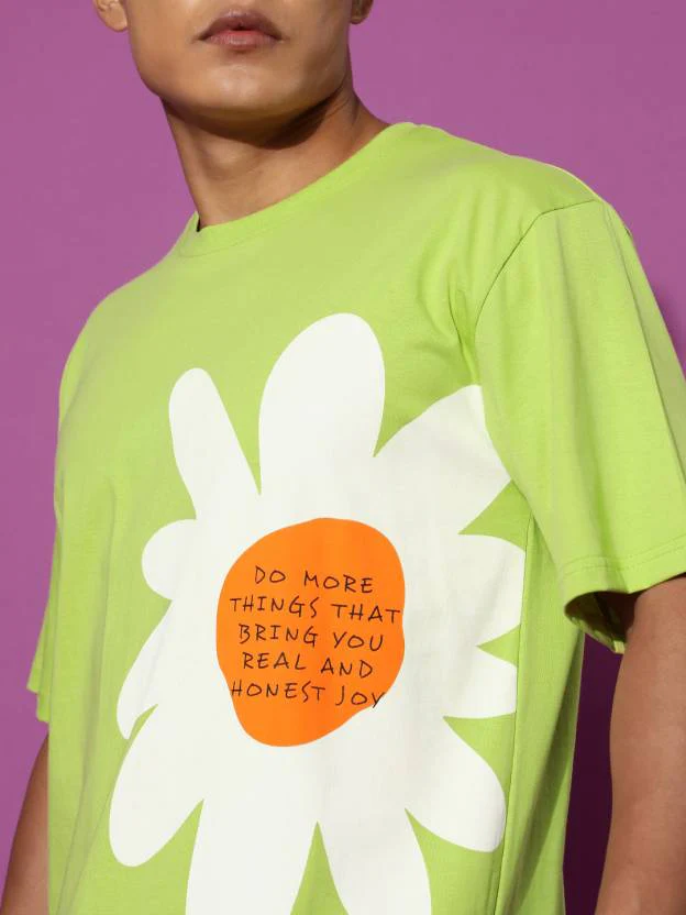 Flower Lime Green Oversized Placement Graphic Printed T-shirt - Image 2