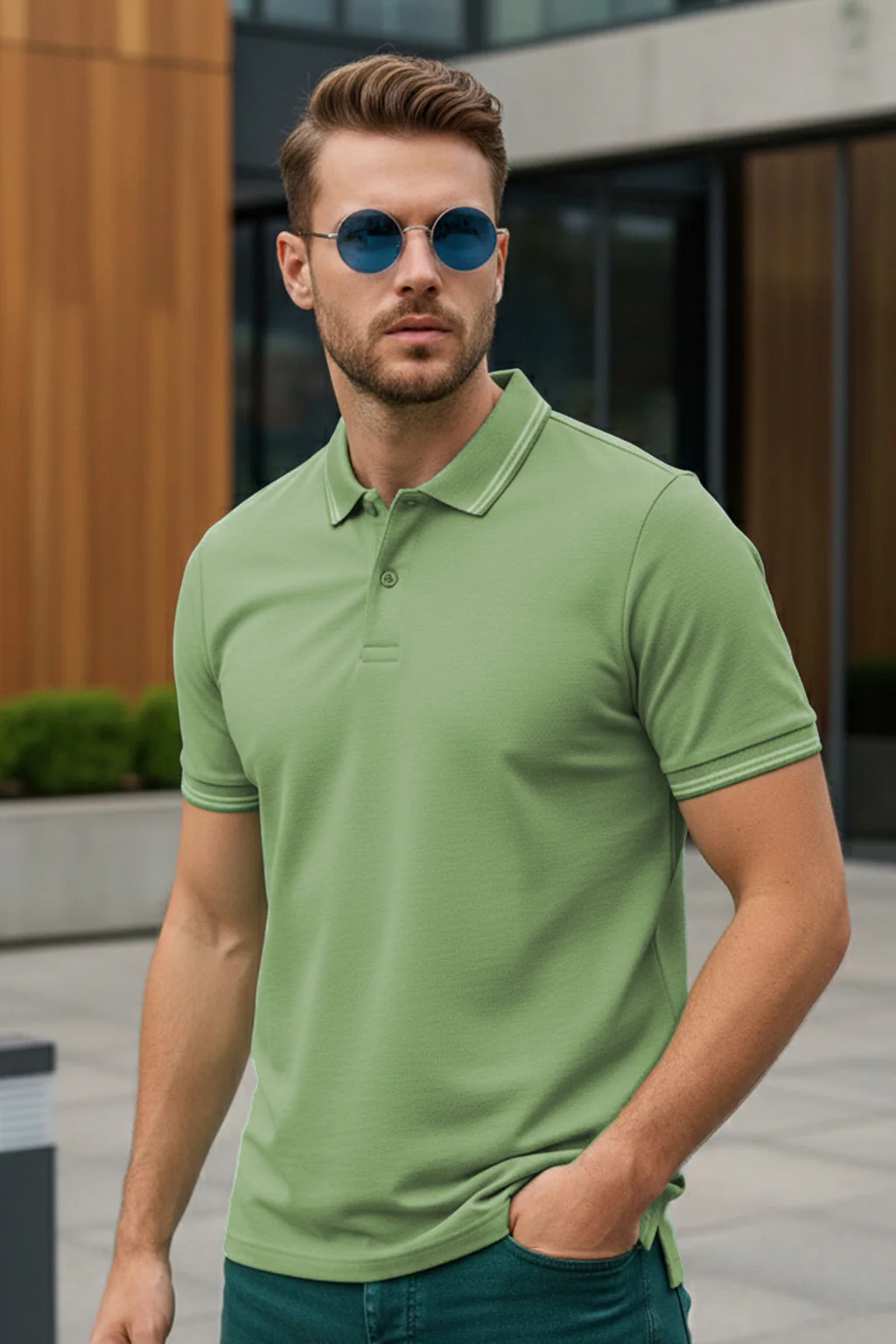 Green Bird Eye Pique Stripe Collar Regular Fit Tipping Polo T-shirt