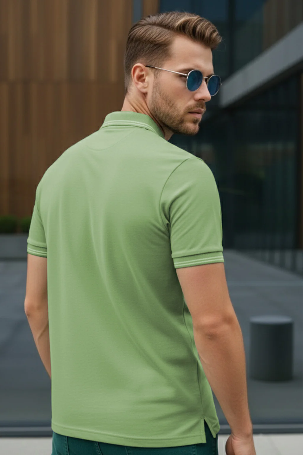 Green Bird Eye Pique Stripe Collar Regular Fit Tipping Polo T-shirt - Image 3