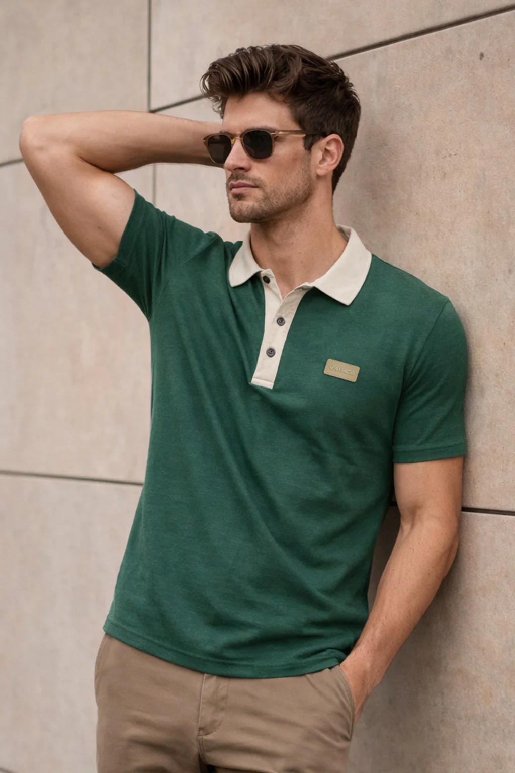 Green Contrast Collar Economic Regular Fit Pique Polo - Image 3