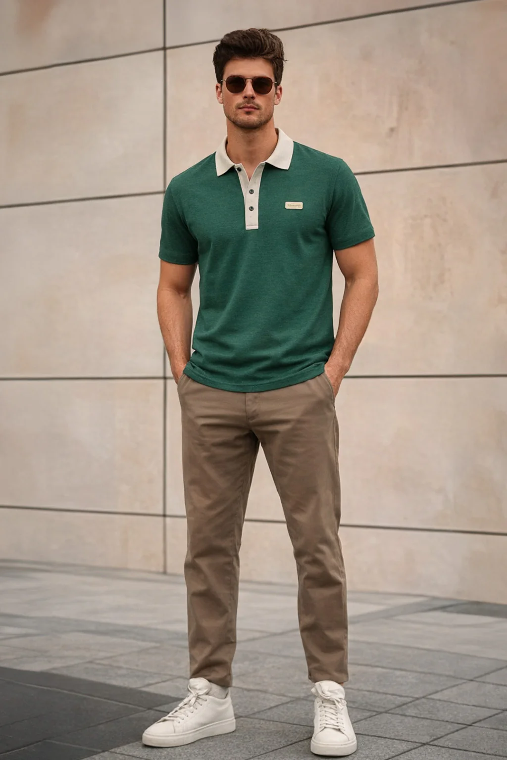 Green Contrast Collar Economic Regular Fit Pique Polo - Image 5