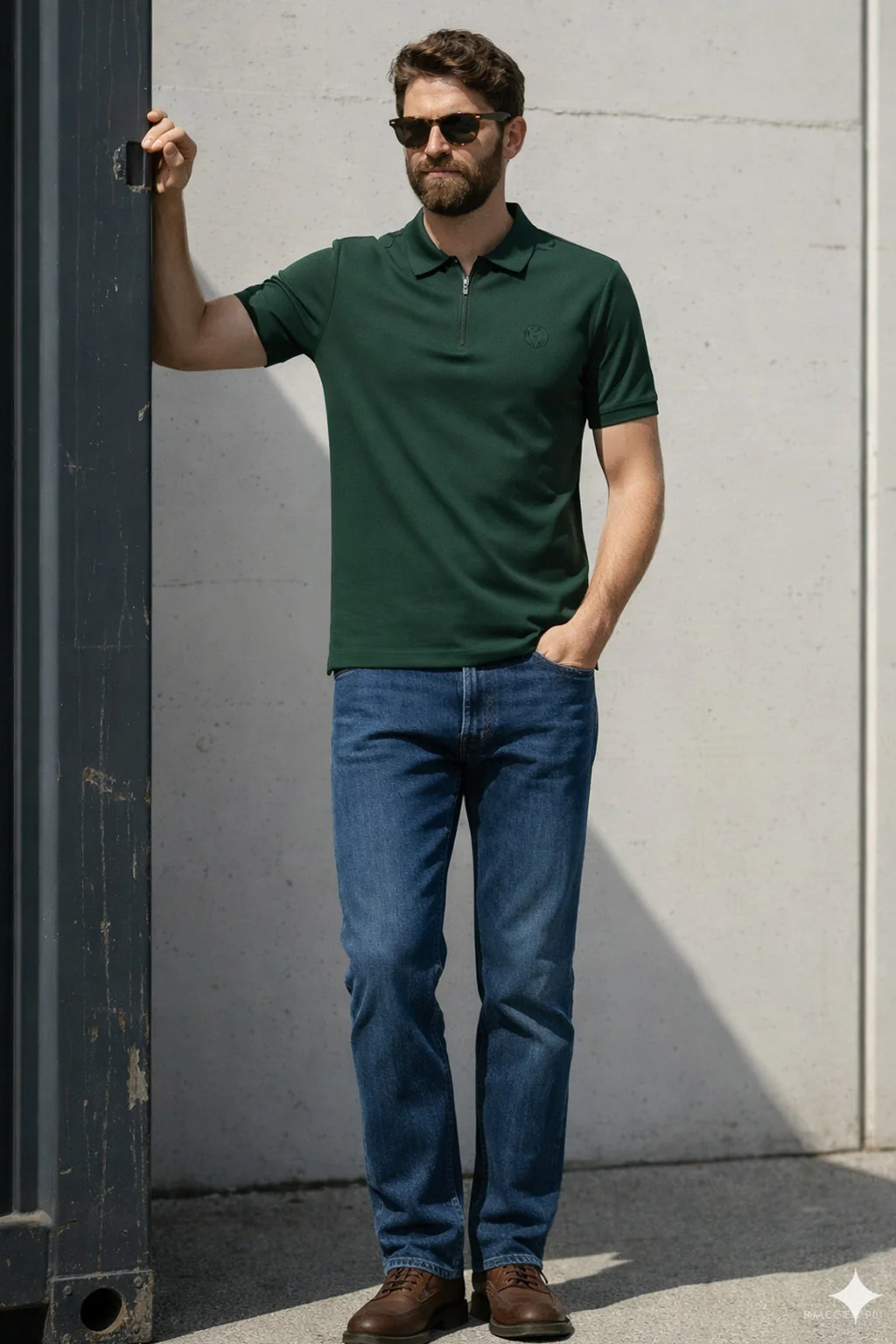 Green Interlock Plain Regular Fit Zipper Polo T-shirt - Image 4