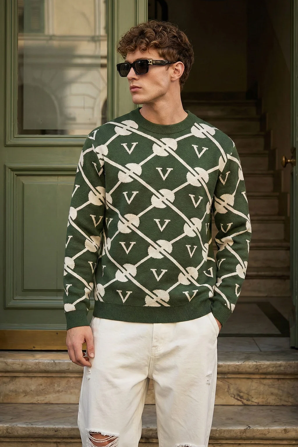 Green Jacquard Printed Regular FIt Sweatshirt - Image 5
