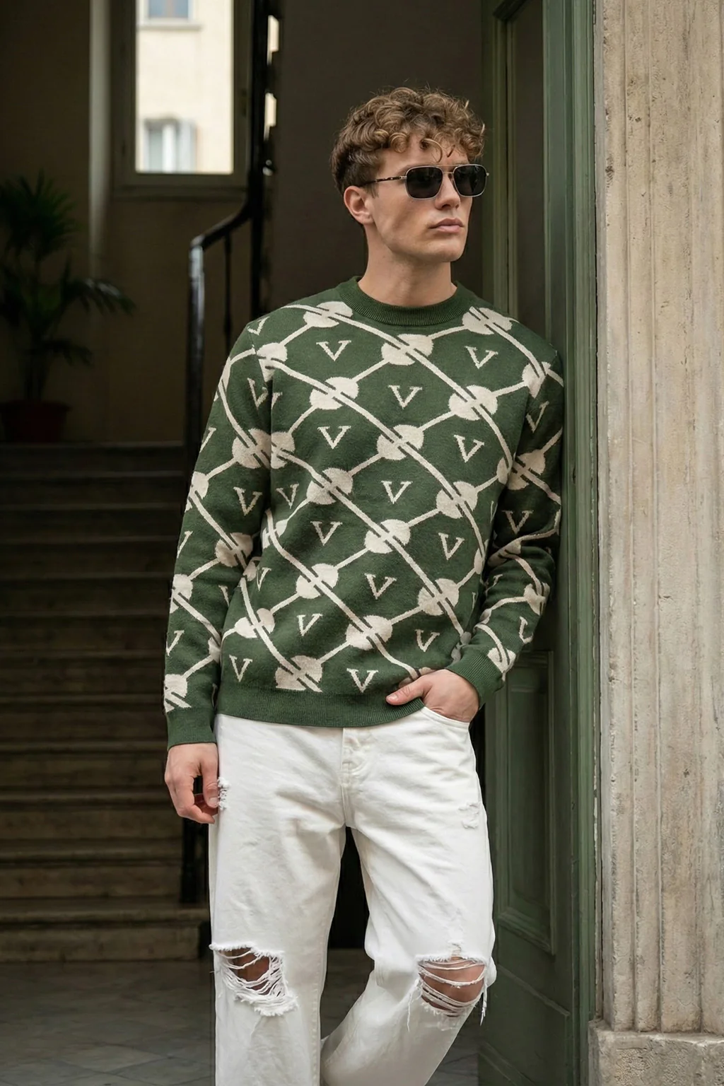 Green Jacquard Printed Regular FIt Sweatshirt - Image 7