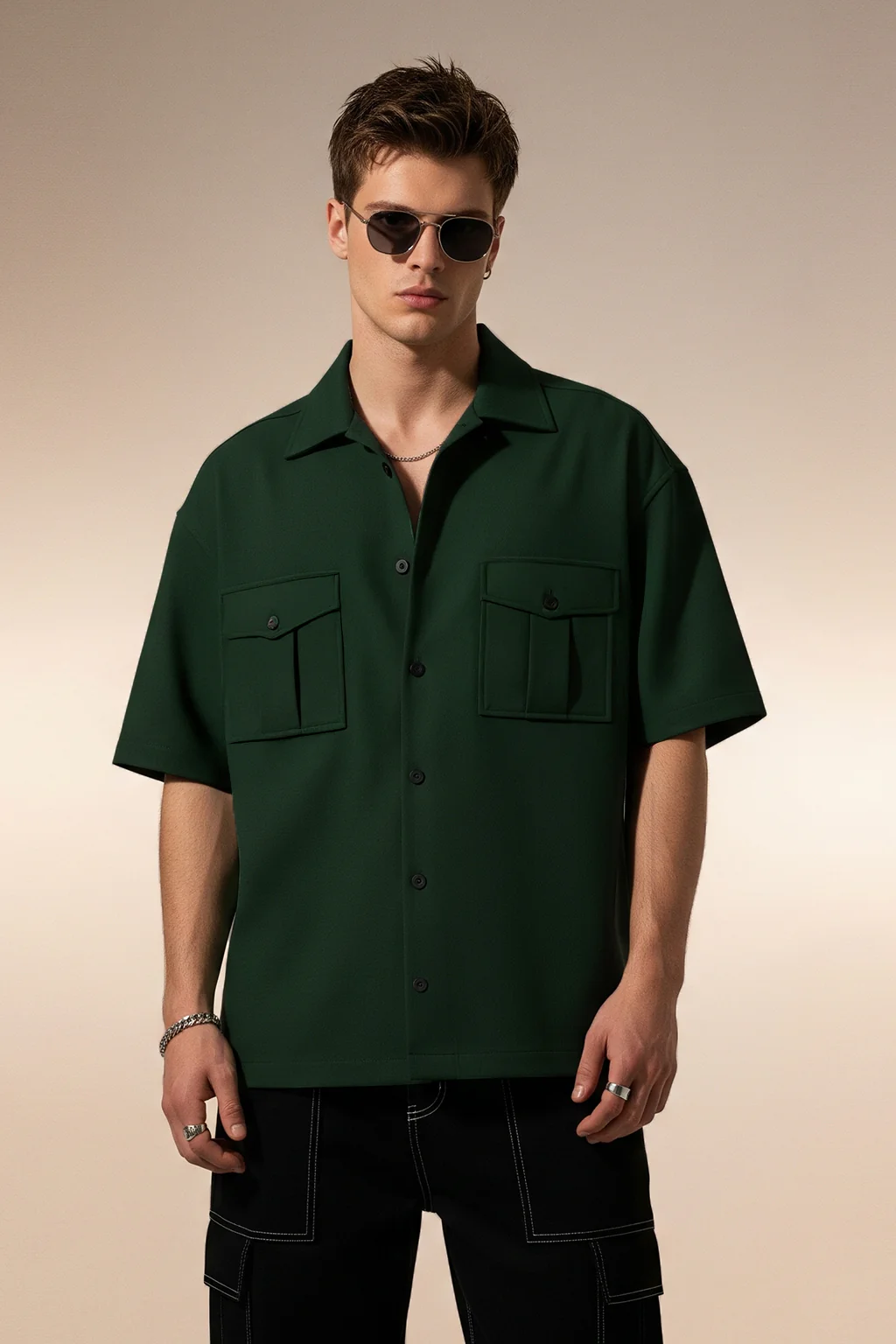 Green Oversized Half Sleeve Dual Pocket Utility Exclusive Shirt - Image 2