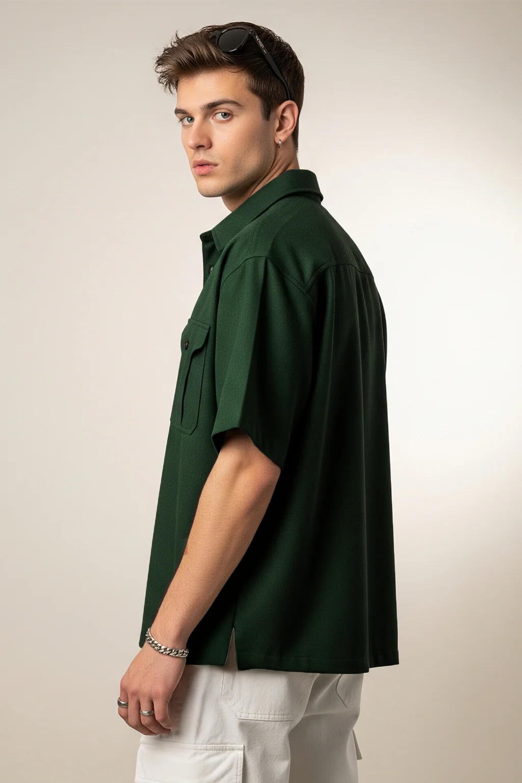 Green Oversized Half Sleeve Dual Pocket Utility Exclusive Shirt - Image 3