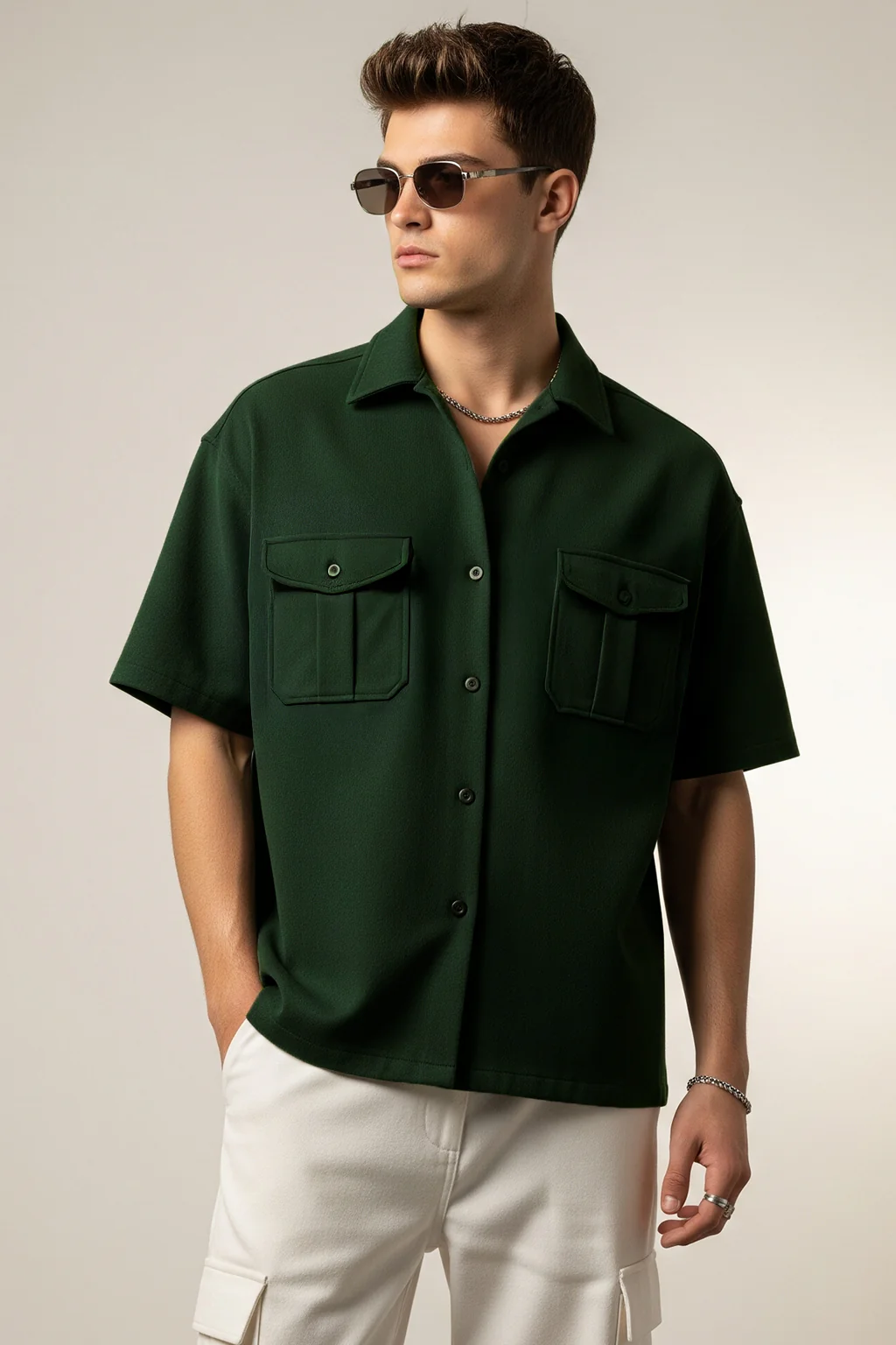 Green Oversized Half Sleeve Dual Pocket Utility Exclusive Shirt - Image 4