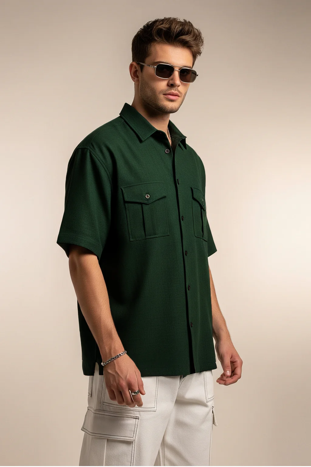 Green Oversized Half Sleeve Dual Pocket Utility Exclusive Shirt - Image 5